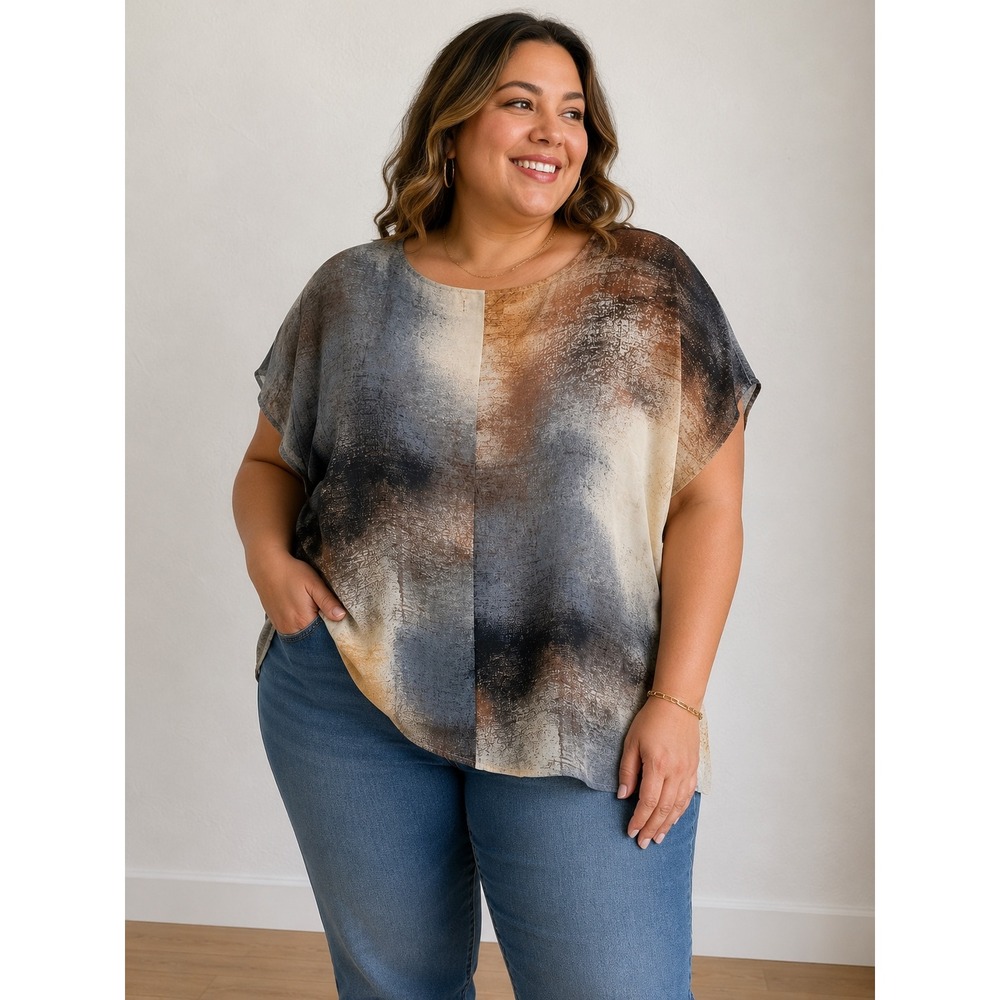World Unity Woman Abstract Watercolor Print Embellished Dolman Blouse Blue 1X